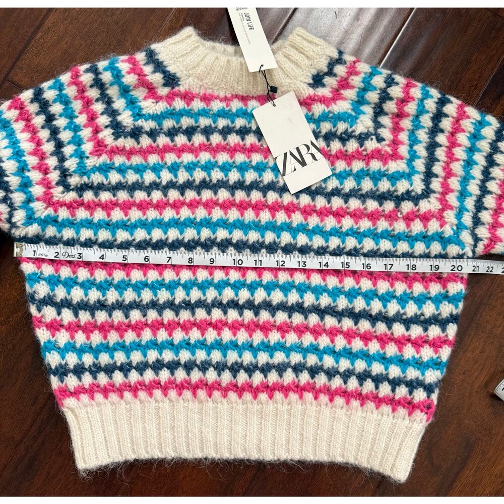 Zara NWT Chunky White Blue Pink Striped Knit Crewneck Pullover Sweater Medium - Picture 15 of 16